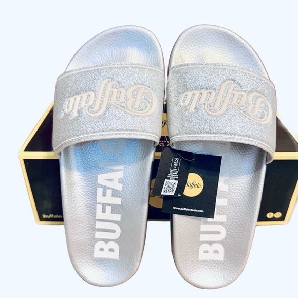 Buffalo London Silver Glitter Rio Slides Metallic Logo Strap Sandals 38 / 7.5 - Picture 4 of 8